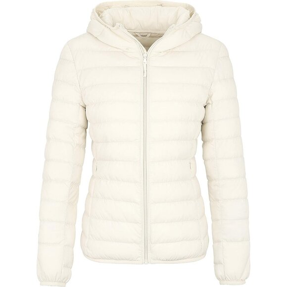Women's Light Beige Short Down Hooded Puffer Jacket Coat Fabric Packable Ultra